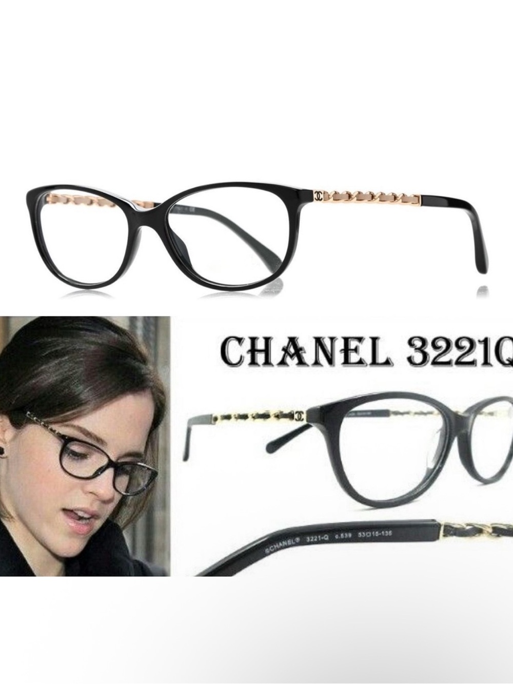 CHANEL 3221-Q Beige Leather Glasses Frames Chain Link EUC Italy Emma Watson
